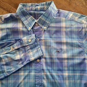 Vineyard Vines Performance Dress Shirt Size Large Classic Fit Whale Plaid Blue